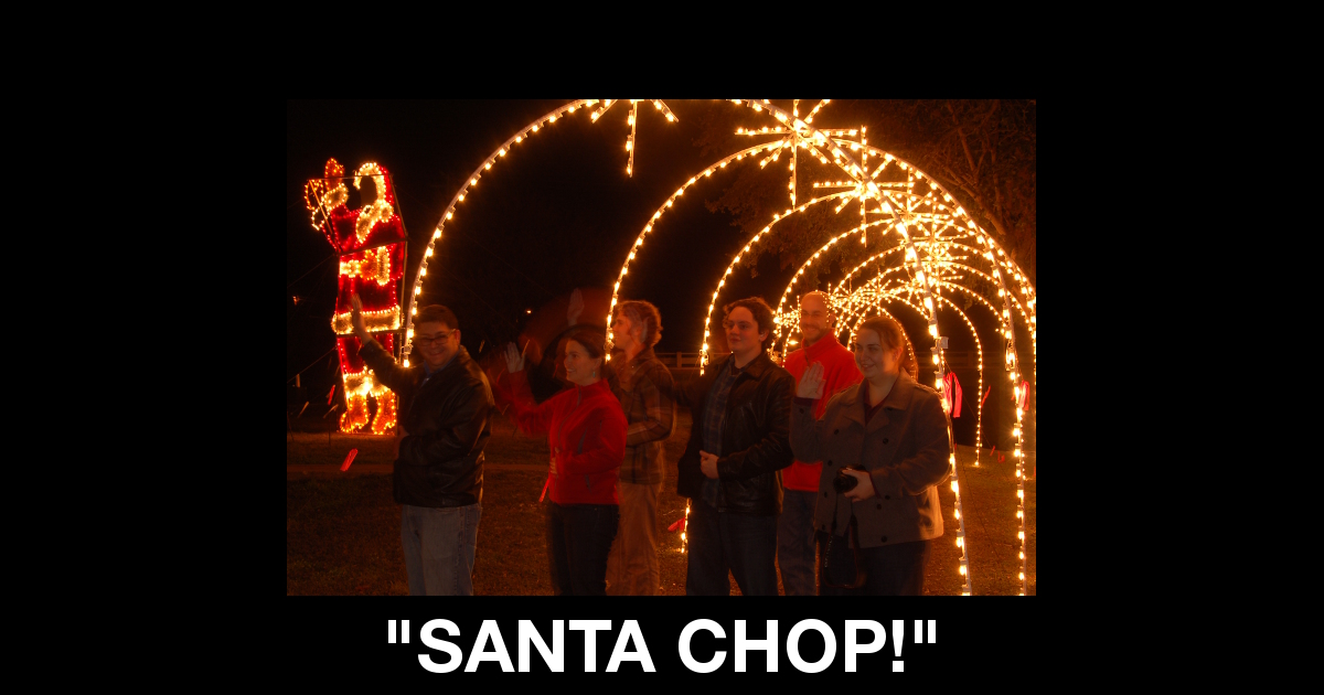 Summary graphic: A group of friends stand under a Christmas display mimicking the pose of a giant Santa Claus.