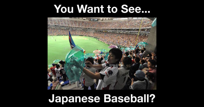 Summary graphic: In the outfield stands of a crowded baseball stadium in Tokyo, fans of the away team hold up translucent umbrellas and wave flags to support the Yakult Swallows.