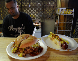 Summary graphic: A pulled pork sandwich and a hot dog on the counter at Payne’s Payne’s Bar-B-Que