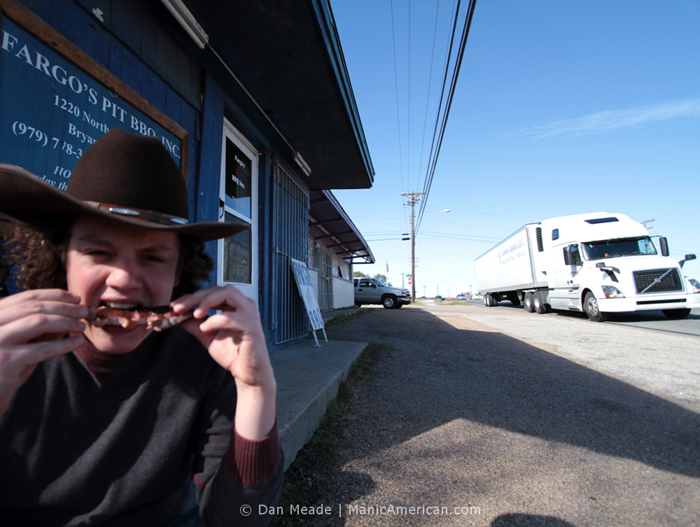 RB eating a rib outside Fargo's.