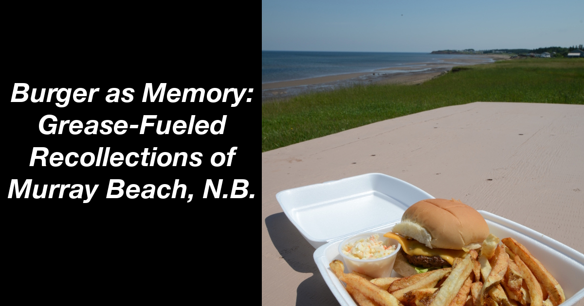 Summary graphic: a hamburger and fries inside of a Styrofoam container, atop a bench beside a coastal view.