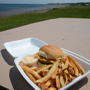 a burger platter on a bench overlooking the beach