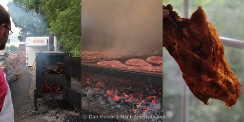 Making Kentucky barbecue: A tryptic of photos: wood being burned, pork above a bed of coals, & a slice of pork shoulder ready to eat.