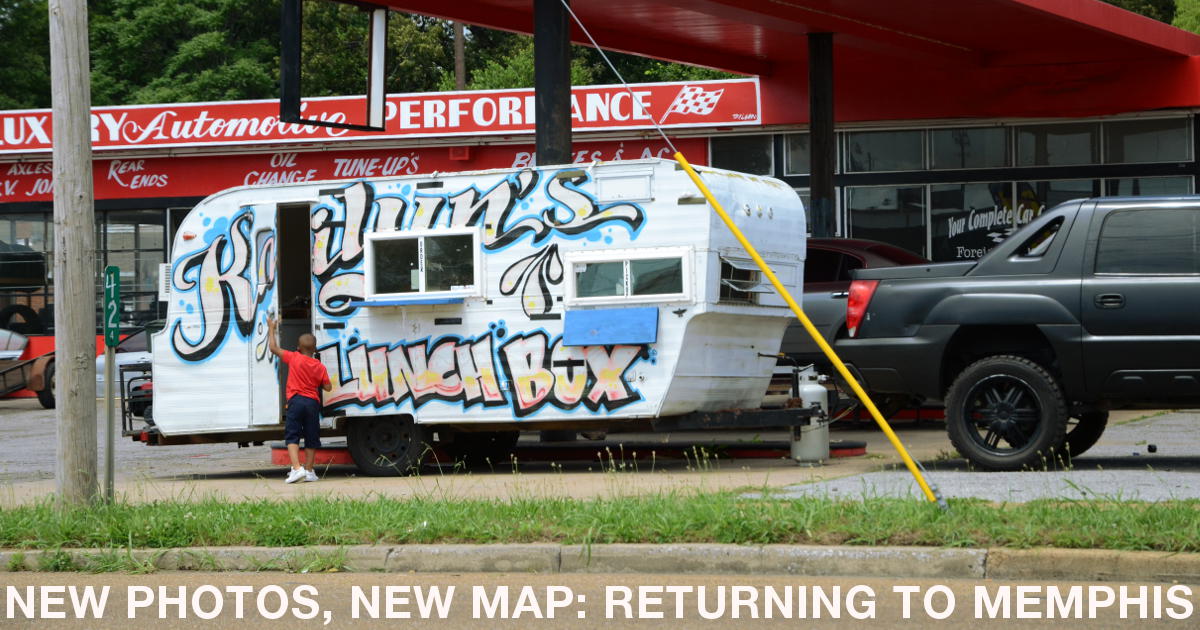 Summary graphic: A camping trailer used as a mobile food truck, hitched to a pickup truck which is stopped at a gas station along Lamar Avenue south of 240. The trailer is emblazoned with graffiti-style lettering reading “Kailynn's Lunch Box.”