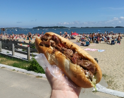 Summary graphic: A steak tip sub sandwich held in front of the small beach along South Boston, MA.