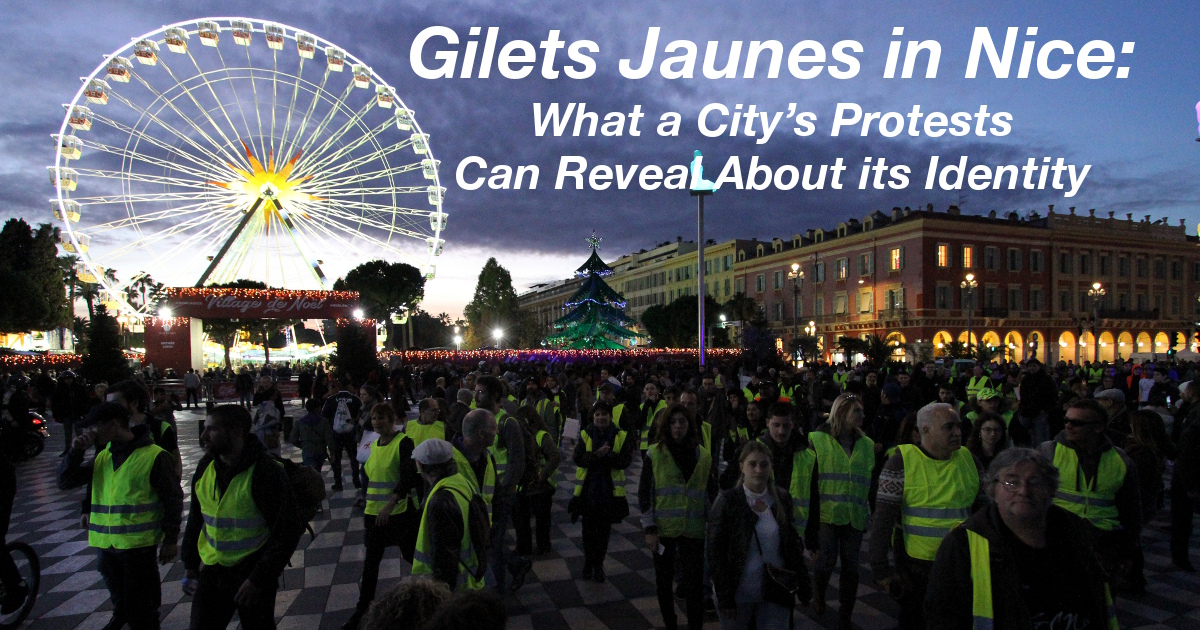 Summary graphic: Gilets Jaunes protesters gather in a public square in Nice, France