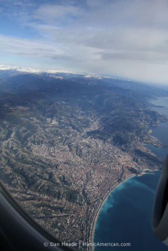 An aerial shot of Nice, situated between the Alps to the Med.
