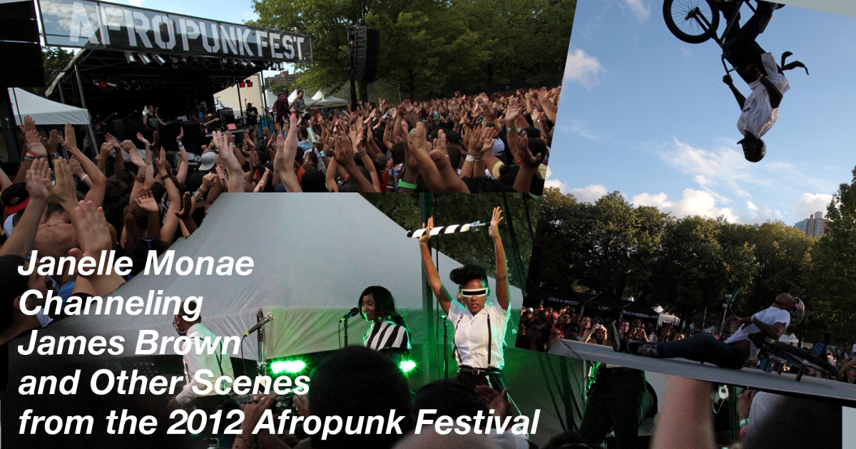 Summary graphic: A collage of images from the 2012 Afropunk Festival including fans, BMX bike stunts, and Janelle Monae performing.