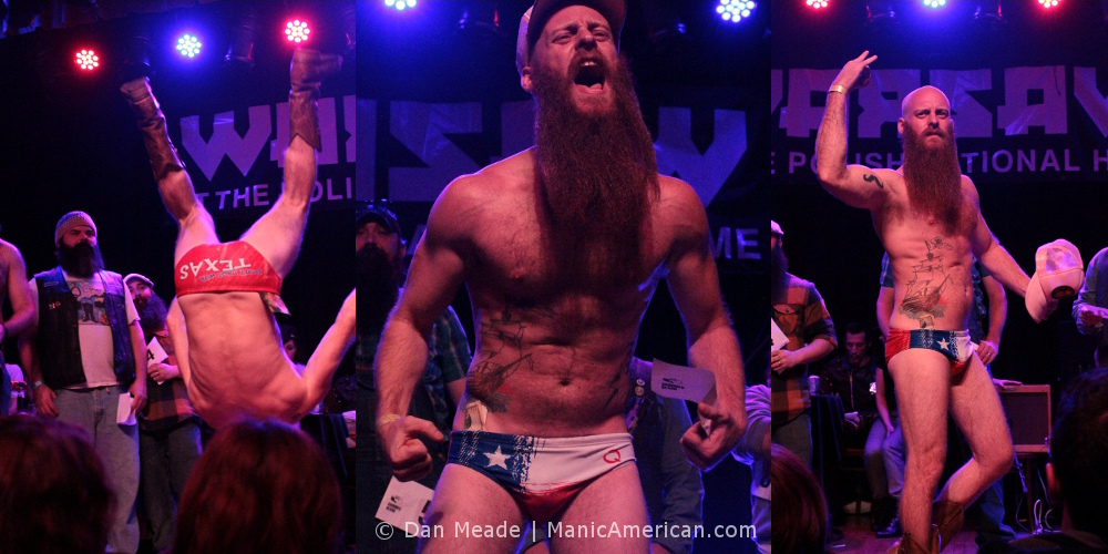Three photos of a man in a Texas Speedo at the 2012 NYC Beard and Moustache Competition.