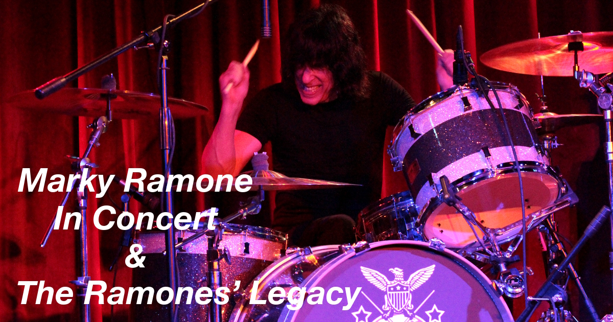 Summary graphic: Marky Ramone plays the drums in front of the red curtain backdrop of The Bell House.