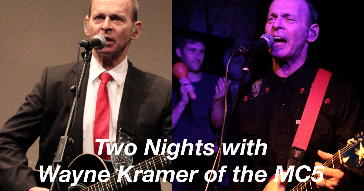 Summary graphic: Two photos of Wayne Kramer - one in a suit and tie performing at Lincoln Center, and one of him playing a rock rock club.