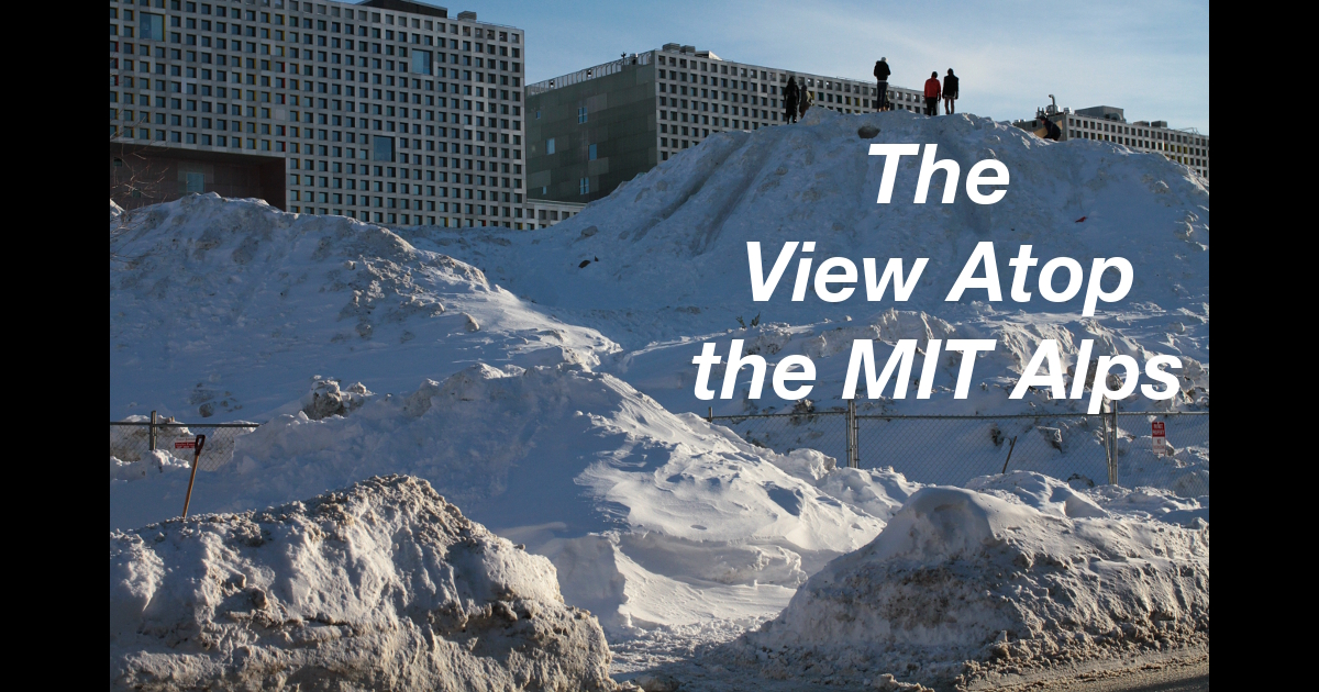 Summary graphic: People stand atop a three-story “mountain” of snow on the MIT campus.
