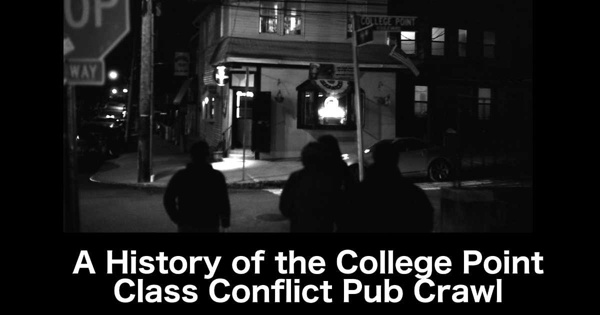 Summary graphic: A group of people walk to The Pourhouse in College Point, Queens from across the street.