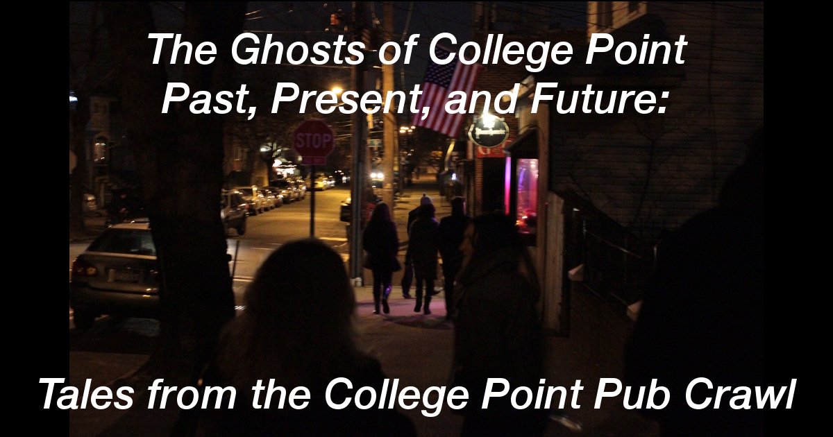 Summary graphic: A group of people walk to The Pourhouse in College Point, Queens from down the block.