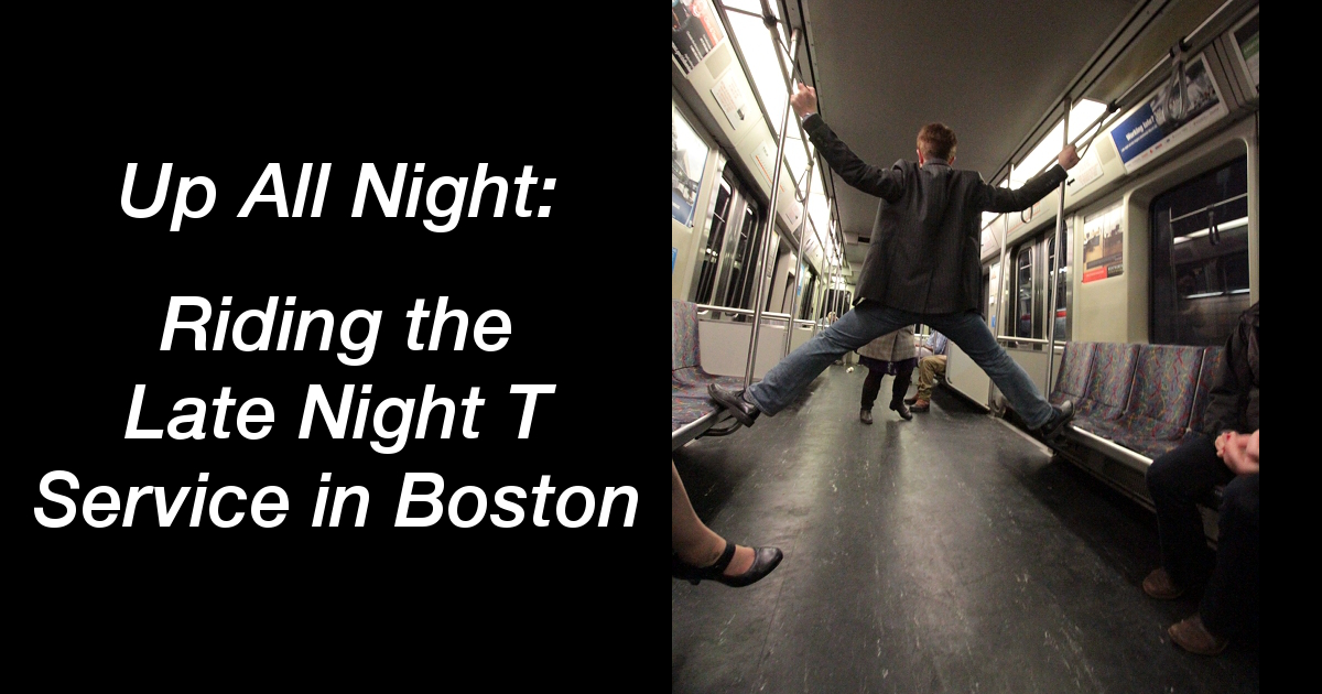 Summary graphic: People fool around on an empty train car during late-night service hours.