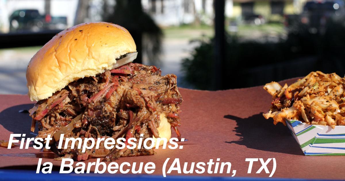 Summary graphic: A brisket sandwich atop a sheet of butcher paper. The brisket is overflowing from the potato bun. In the background and across the street is a row of residential housing.