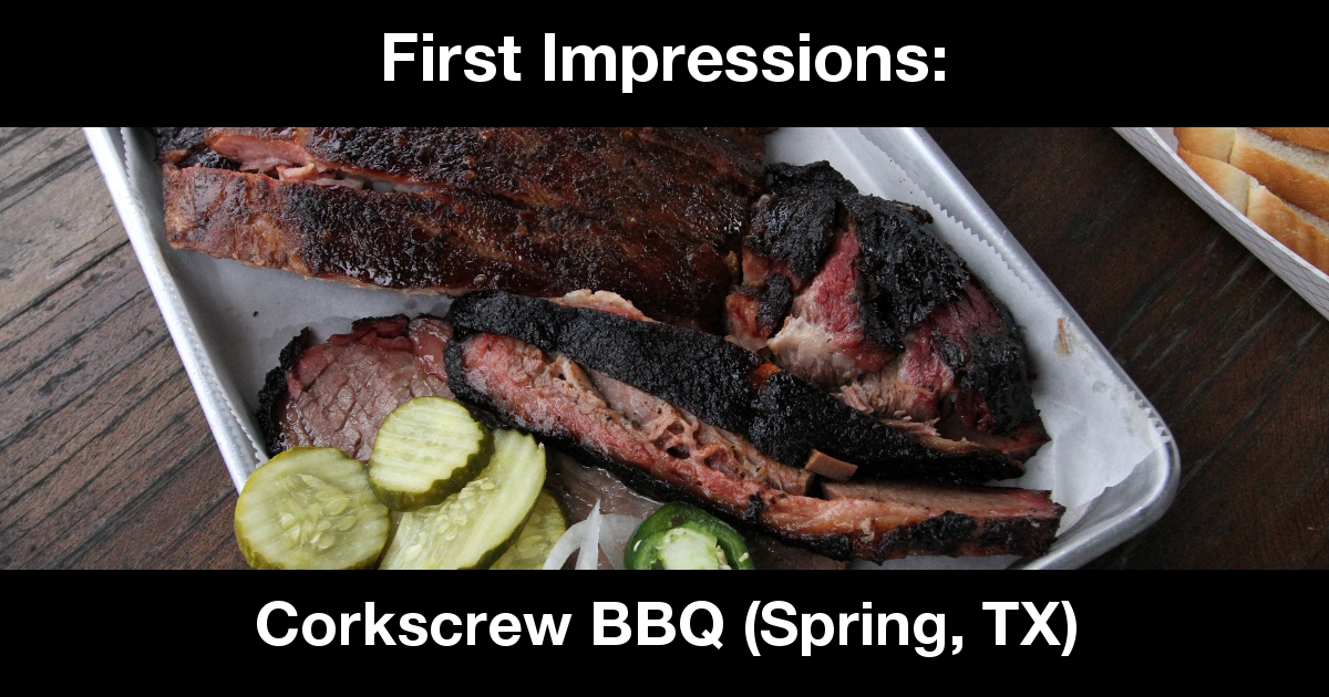 Summary graphic: A plate of brisket and ribs at Corkscrew BBQ.