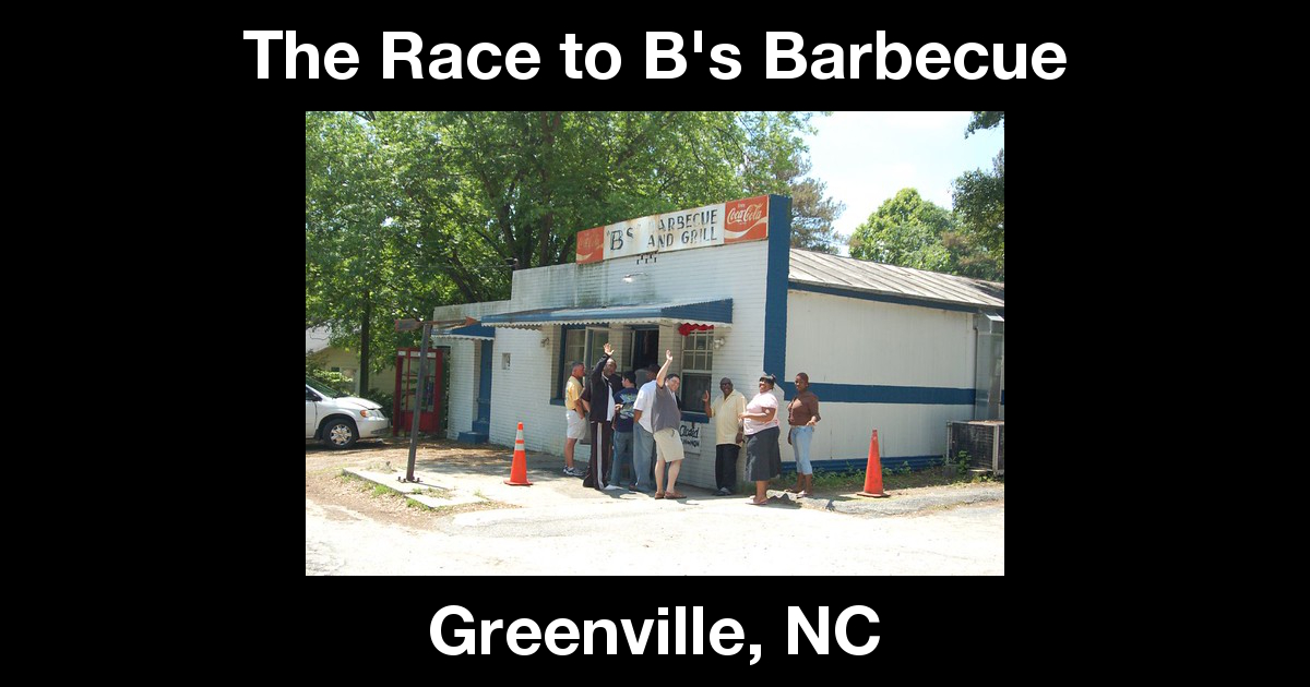 Summary graphic: A group of people turn and wave toward the camera outside a small roadside barbecue establishment.