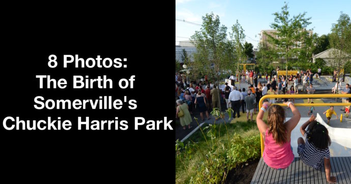 Summary graphic: Children play atop a slide while a multitide of adults mingle in a brand new tree-filled park.
