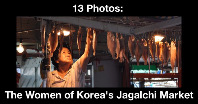 Summary graphic: A woman hangs fish for display at Jagalchi Market in Busan, South Korea.