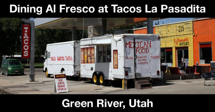 Summary graphic: Two food trucks under a former gas station's awning.