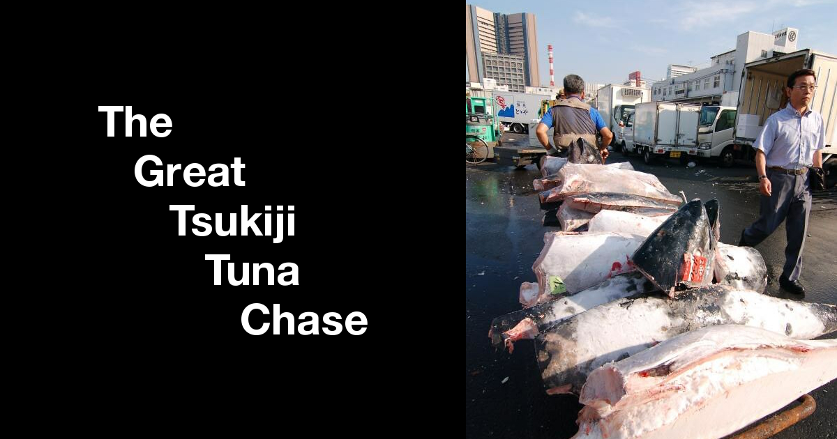 Summary graphic: One man carts a hand truck of tuna steaks through a bustling area of Tokyo’s Tsukiji fish market. Another man dressed like a salaryman walks in the opposite direction.