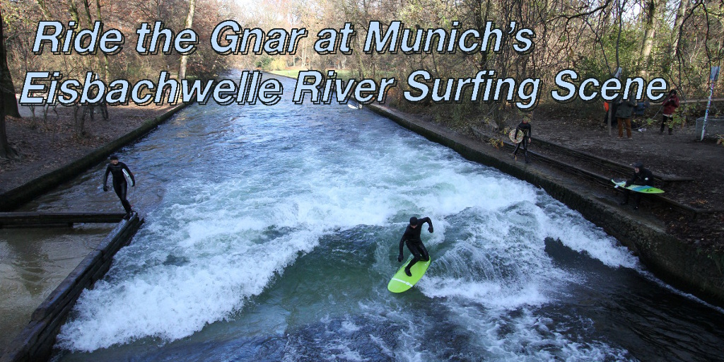 Summary graphic: A man surfing in Munich's Eisbachwelle River