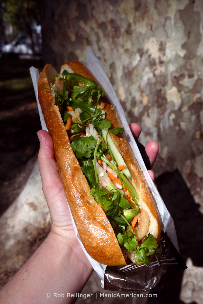 A hand holds a banh mi in sunlight