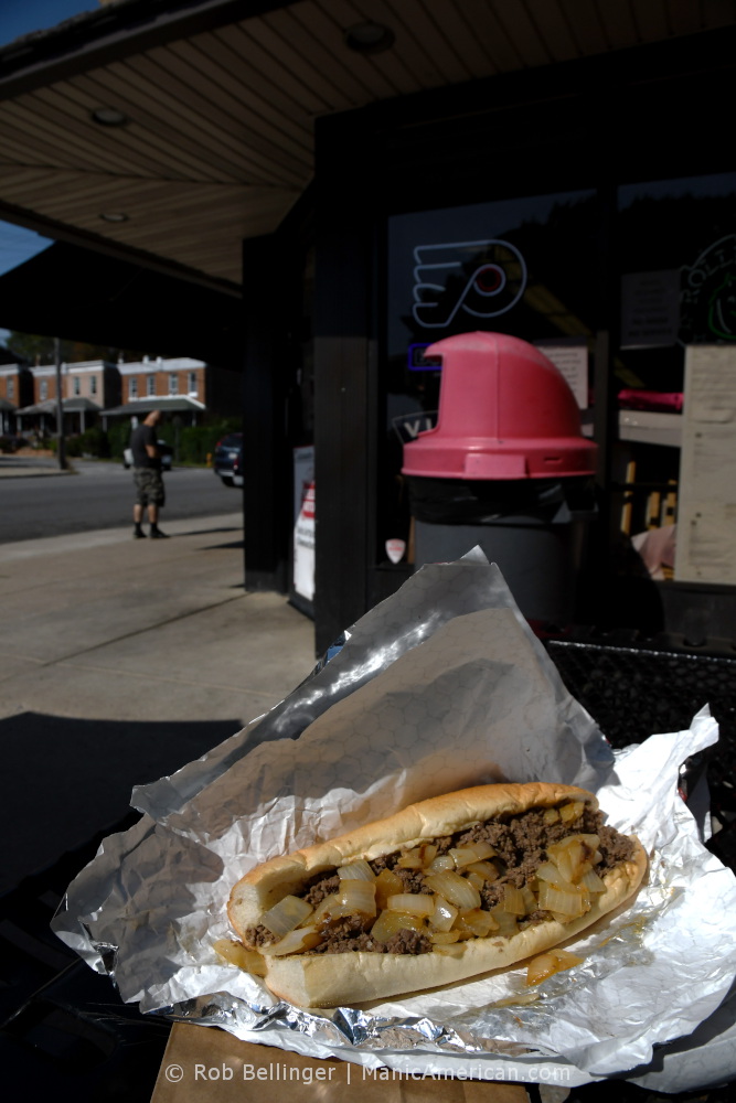 A cheesesteak at a business displaying a Philadephia Flyers neon sign