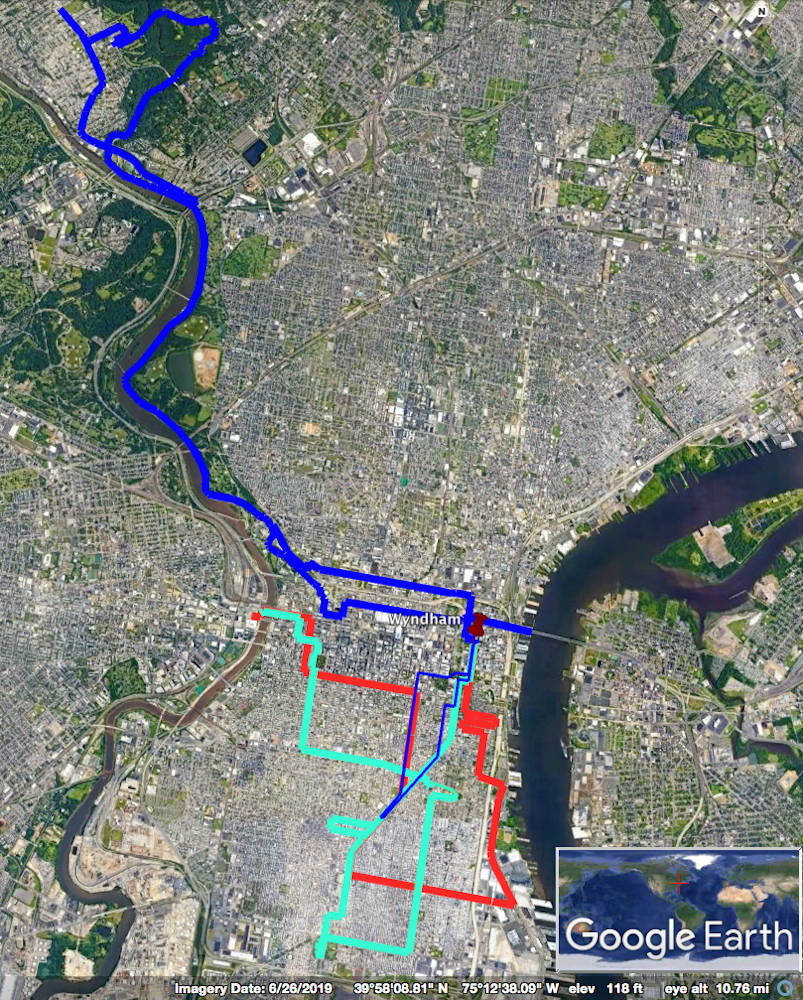 a satellite map of Philadelphia showing three different routes the author biked