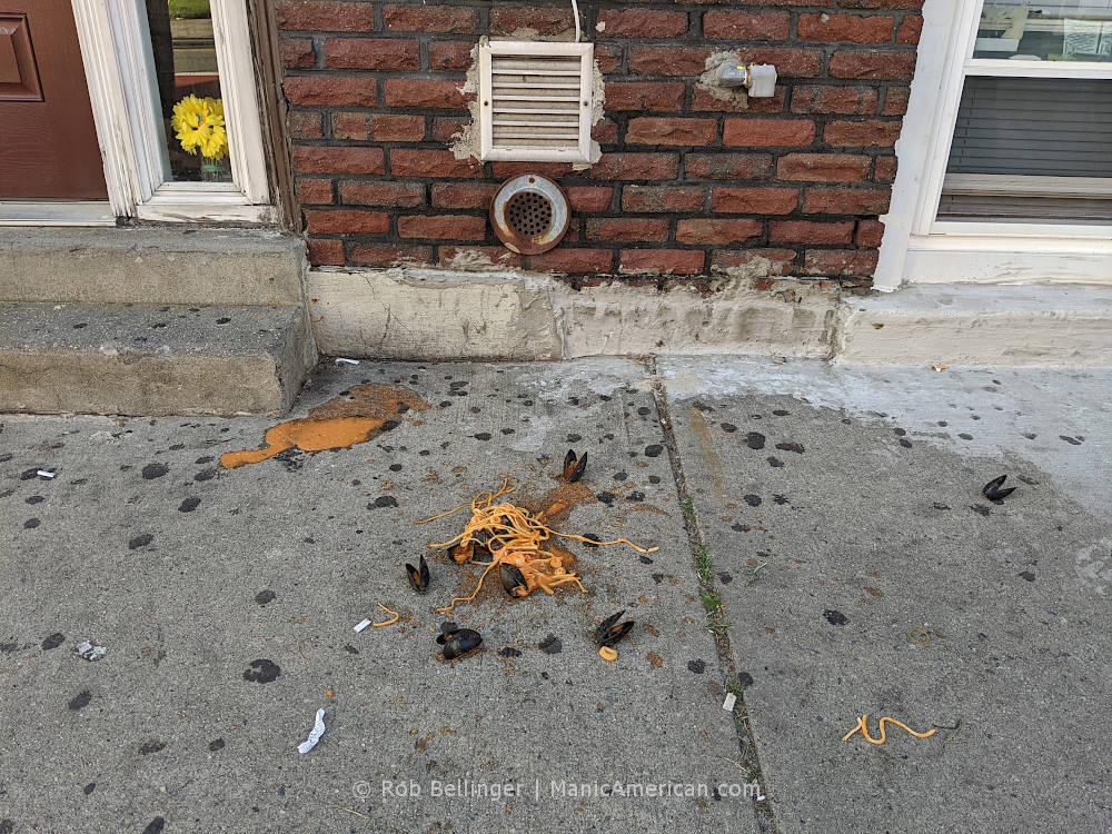 an order of pasta and mussels splattered on the sidewalk of an apartment building, with fake plastic flowers in a window