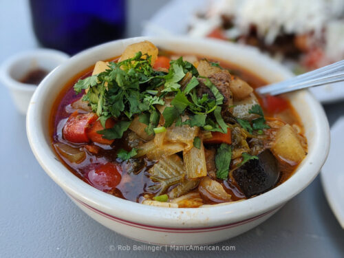 a bow of lagman, a soup made with hand-pulled noodles, beef, and vegetables, at Uma's in Rockaway Beach