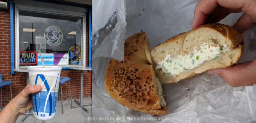 a composite photo: left panel shows a hand holding a large styrofoam cup of iced coffee; right panel shows a bagel with scallion cream cheese at boardwalk bagel in rockaway beach
