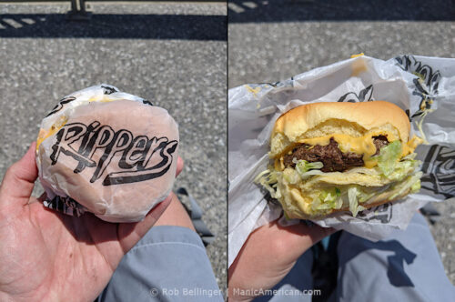 a composite photo showing a wrapped hamburger with the rippers logo, then the unwrapped hamburger, on the rockaway beach boardwalk