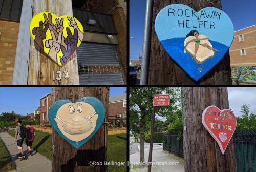 four heart-shaped "rockaway beach helper" paintings on four telephone poles