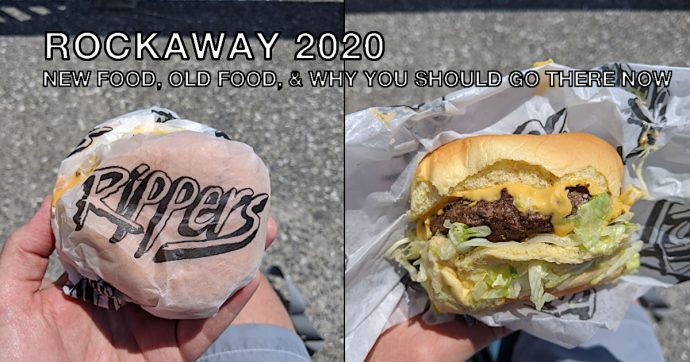 Summary graphic: Two photos of hamburgers from Rippers, in Rockaway Beach
