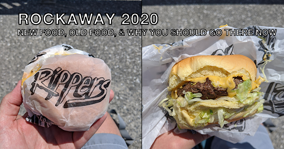 Summary graphic: Two photos of hamburgers from Rippers, in Rockaway Beach