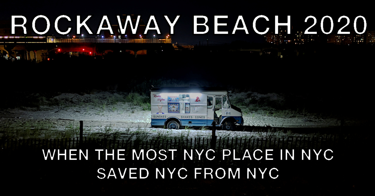 Summary graphic: A lone ice cream truck on Rockaway Beach at night