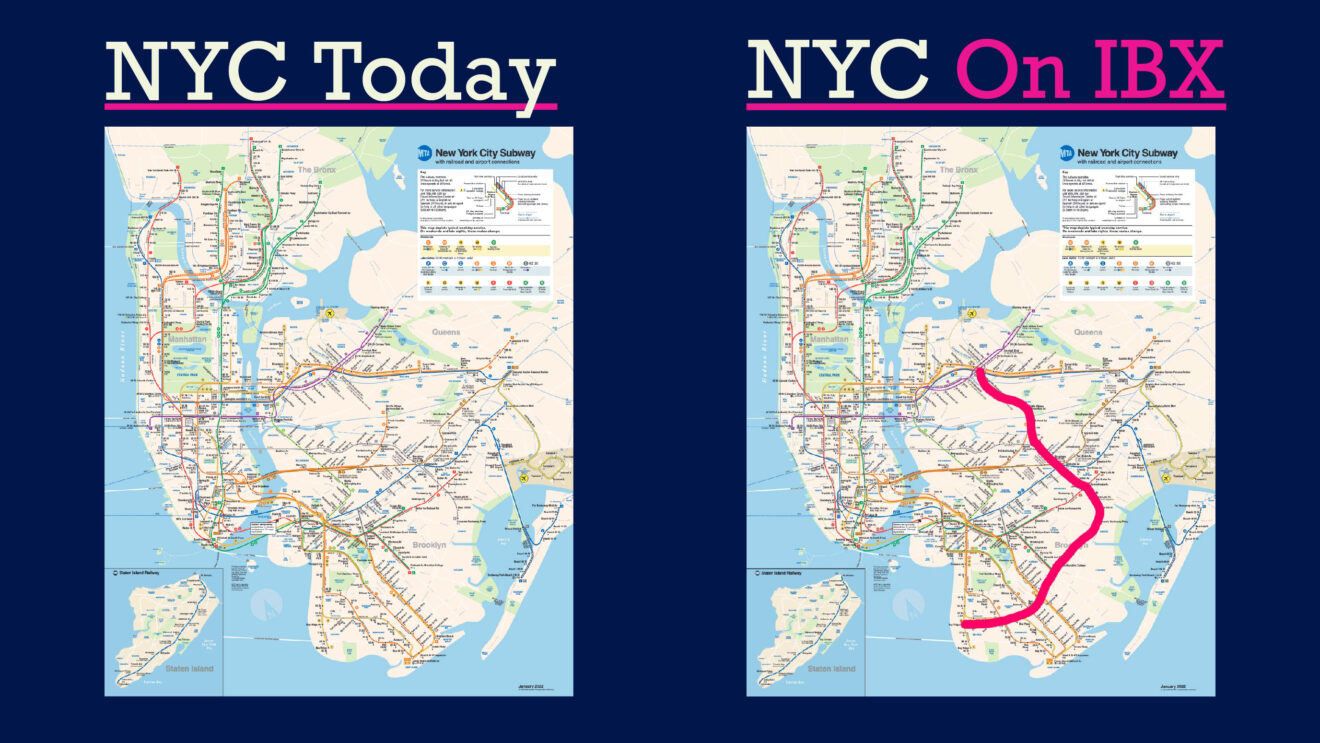 A comparison of two maps: One is the NYC subway system as it is today, the other is the NYC subway system as it is today with a squiggly line drawn over it to show the path of the IBX. The squiggly line runs in an arc from Bay Ridge in Brooklyn, moving east, and begins to arc north after Brooklyn College. At Canarsie, the line moves northwest as it roughly traces the L and M lines before ending at the 7 line in Jackson Heights.