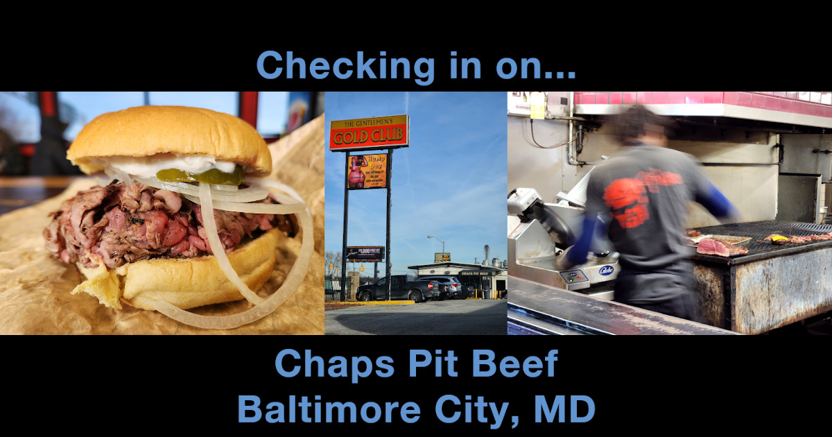 Summary graphic for article about Chaps Pit Beef, with images depicting a pit beef sandwich, the restaurant exterior, and a man working in the kitchen